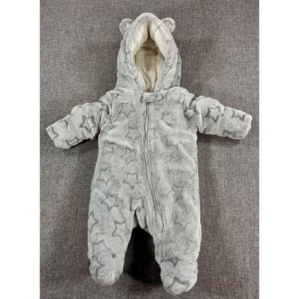 Wonder Nation Baby Unisex Star Fleece Pram Suit 0-3M Gray Hooded Bear Bunting